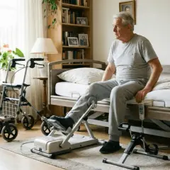 Starszy mężczyzna ćwiczy nogi na rowerku stacjonarnym, wspierając rehabilitację po operacji. Obok stoi chodzik.