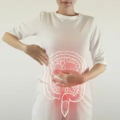 Kobieta z bólem brzucha, ilustracja jelit. Może to symbolizować problemy z trawieniem lub inkontynencję kałową.