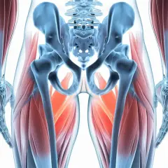 Anatomia miednicy i ud z uwydatnionymi mięśniami. Ilustracja pokazuje, jak ćwiczenia mięśni Kegla u mężczyzn wpływają na te partie ciała.