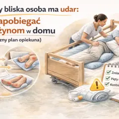 Opiekunka pomaga pacjentowi leżącemu na wznak w łóżku. Ilustracja pokazuje, jak zapobiegać odleżynom, dbając o zmianę pozycji i kontrolę skóry.
