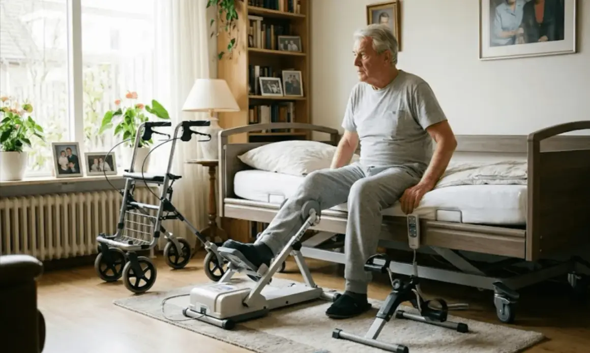 Starszy mężczyzna ćwiczy nogi na rowerku stacjonarnym, wspierając rehabilitację po operacji. Obok stoi chodzik.