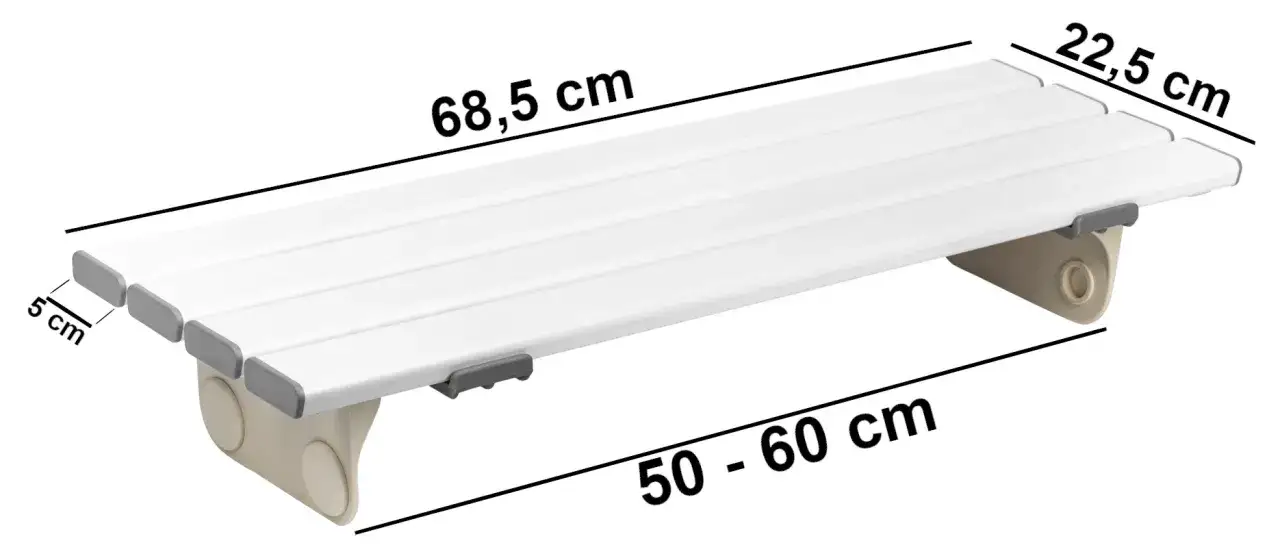 Biała, regulowana ławka wgłębna do wanny, o wymiarach 68,5 x 22,5 cm, z regulacją szerokości 50-60 cm.
