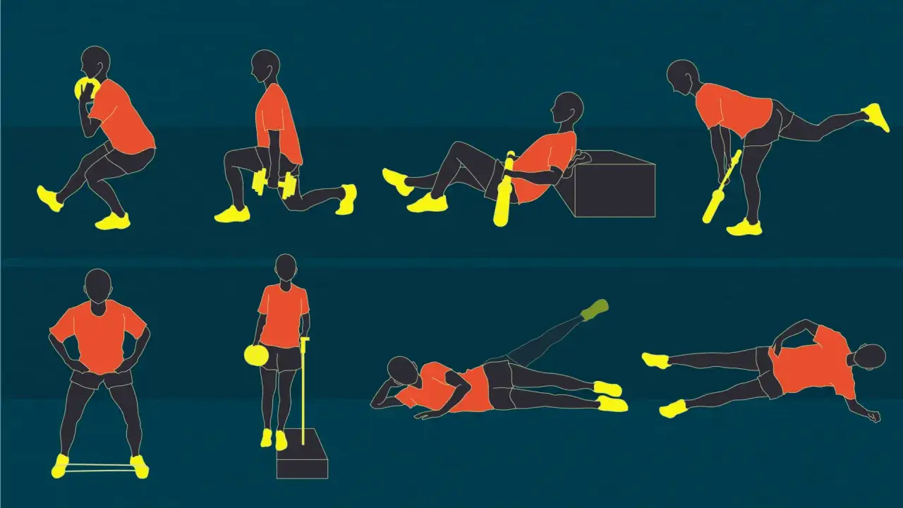 Ilustracje ćwiczeń wzmacniających biodra: przysiady, wykroki, ćwiczenia z taśmą i ciężarkami. Kluczowe dla rehabilitacji stawu biodrowego.