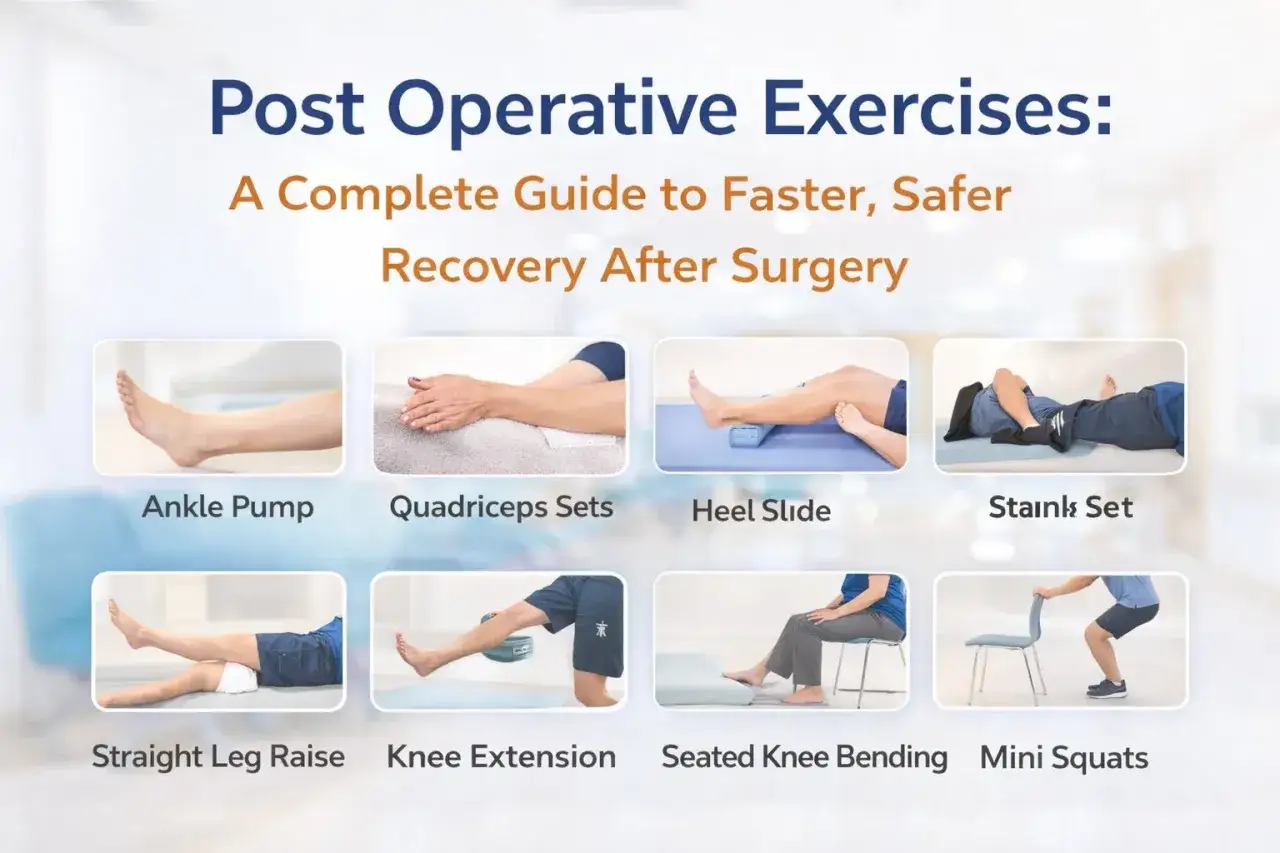 Ćwiczenia po operacji: Ankle Pump, Quadriceps Sets, Heel Slide, Straight Leg Raise, Knee Extension, Seated Knee Bending, Mini Squats. Rehabilitacja po operacji.