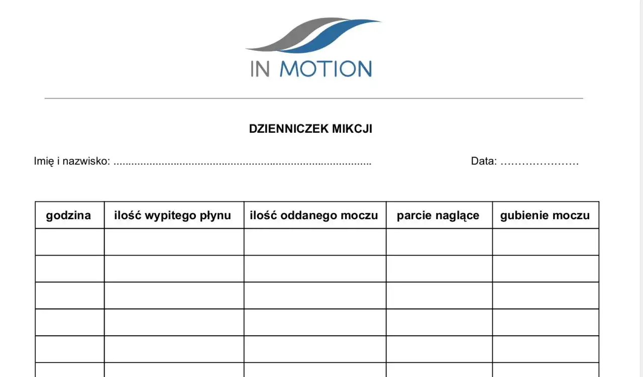 Dzienniczek mikcji do monitorowania ilości oddawanego moczu na dobę, spożytych płynów i parć naglących.